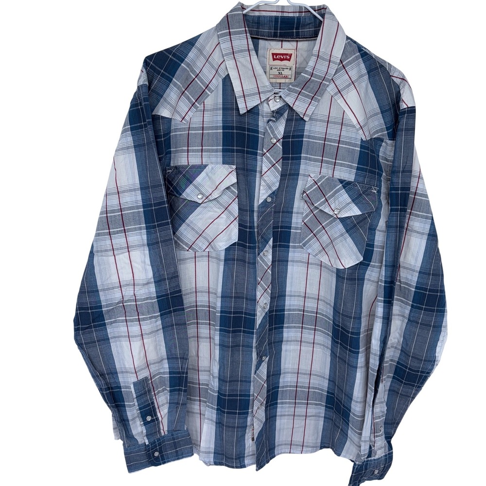 Levi's Long Sleeve Pearl Snap Western Shirt XL Mens Blue White White‎ Tab Cowboy